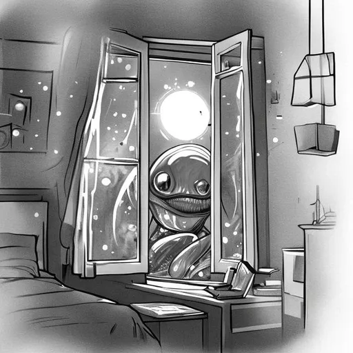 Prompt: Alien blob sliding in bedroom window, black and white sketch