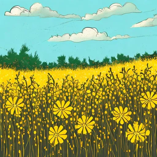 Prompt: A field of yellow flowers with greenery in the background in the style of Claudia_Boutwell_art