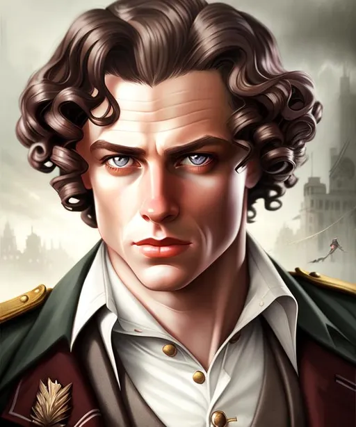 Prompt: Handsome beautiful gorgeous former soldier in 1920s suit with messy brown curls piercing grey eyes and a haunted expression. Realistic portrait matte painting high quality.