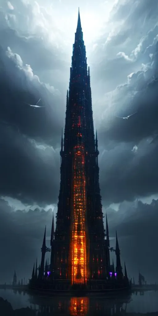 Prompt: upside down floating dark tower, amazing art, absolutely amazing, razor sharp focus, summery, mesmerizing, (masterpiece), volumetric lighting, beams, vivid colours, UHD, 16k, HDR, ((((best quality)))), ((( (extreme details)))) dark lights