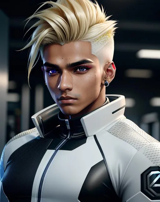 Prompt: perfect composition, {19 year old}, lean {indian man} ganger, wearing futuristic {tech shirt and future tech coat}, {spiked dyed blonde hair}, peak fitness, determined expression, looking at viewer, 8k eyes, detailed face, wlop, stanley artgerm lau, artstation, hd, octane render, hyperrealism intricate details, 8k, cinematic volumetric light, proportional, art trending on artstation, sharp focus, studio photo, intricate details, highly detailed, intricate artwork masterpiece, ominous, intricate, epic, trending on artstation, highly detailed, vibrant, production cinematic character render, ultra high quality model, 