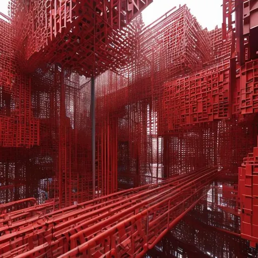 Prompt: huge public art, modern art, in new york, big, red, cubic, complicated, detailed art with steel 