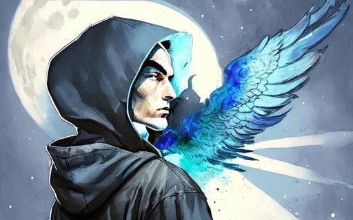 Prompt: Hooded Man in Blue Jeans and Grey Hood, Big Blue Phoenix Wings Sprouting from his Back, night sky, big moon, facing backwards, hyperrealistic