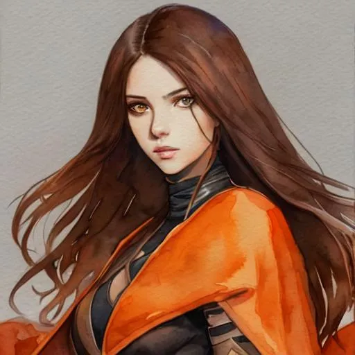 Prompt: Watercolor art, young woman, brown eyes, closed orange cloak, sci-fi, futuristic black pants, long brown hair, holding a dagger