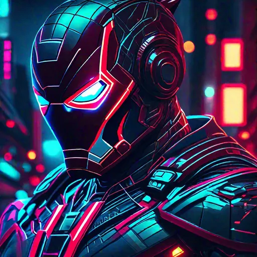 Prompt: Close-up shot of Ironman cyberpunked as superhero with Spiderman suit in Metropolis city, 8k, HD, night theme, neon color 