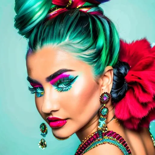 Prompt: An extremely gorgeous woman,  with top knots full of cyan jewels, in color scheme of green and red
