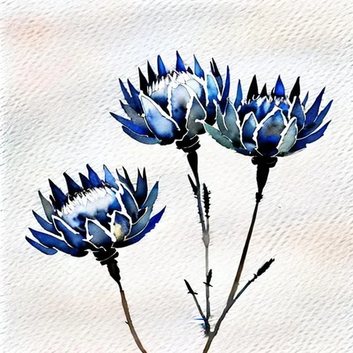 Prompt: A minimalist watercolor painting of black & blue proteas floating on an empty white background. Only the outlines and most basic details of the flowers are visible through faint, delicate brush strokes. The word Pretoria is blended into the image with the same color as the flowers.