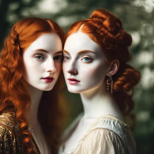 Prompt: Two women, red hair, long and curly, pale skin, tall,18th century aesthetic, ,analog filter, perfect composition, hyperrealistic, super detailed, 8k, high quality, trending art, sharp focus, intricate details, highly detailed