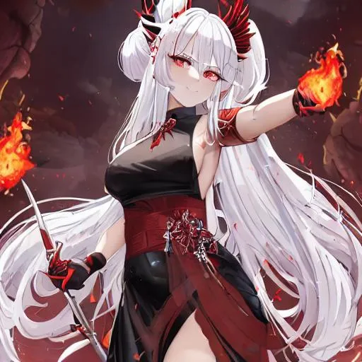 Prompt: a beautiful cute girl with white hair, and lights on her body which is light red. with black angel like wings, and fire like black clothing which is fancy. at an volcano. a fire aura around her, and fluffy hair. with a fancy and glorious weapon in her hand. with her are in a cobra bun, with fancy accessories and vampire like teeth.