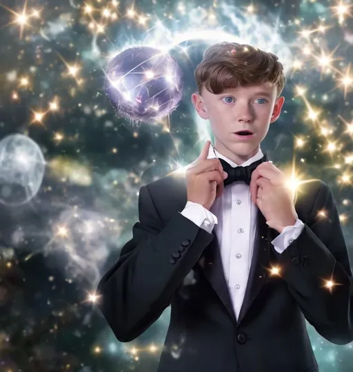 Prompt: 16 year old boy in a tuxedo stretching his magic bow tie casting a spell, and causing a ball of gold sparkling magic to go flying out of the bow ties knot very fast
