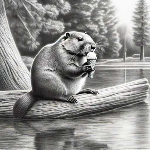 Prompt: a draw of a beaver eatin ice cream on a floating tree on a river, professional, UHD, HD, highly detailed, sharp focus, wide open, pencil draw, sketch