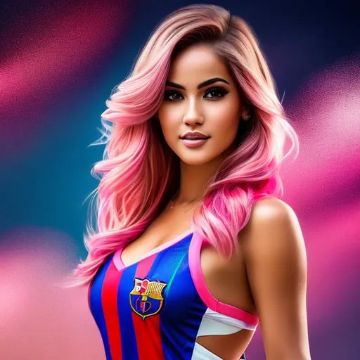 Prompt: Full body Portrait of {sexy Beautiful girl } with {pink} hair and with cute face, {At the Spanish FC Barcelona stadium}, full body, perfect composition, hyperrealistic, super detailed, 8k, high quality, trending art, trending on artstation, sharp focus , Realistic background image hd, intricate details, highly detailed.