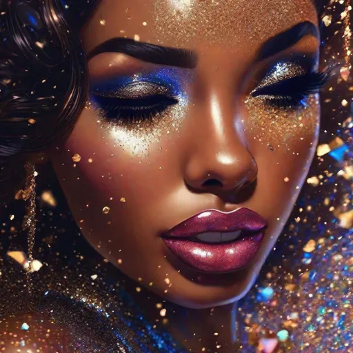 Prompt: pin-up girl brown skin 3d art crying glitter in glitter water pretty face sad crying glitter in bodycon