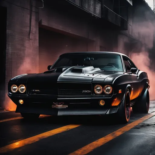 Prompt: (demonic muscle car), heavily customized, menacing aesthetic, dark windows, blacked out windows, razor-sharp lines, hellfire, intricate modifications, hellish glow, dark metallic paint, aggressive stance, underworld inspiration, smoke billowing from the exhaust, dramatic shadows, (moody lighting), 4K, ultra-detailed, automotive masterpiece, blending elegance with savagery.