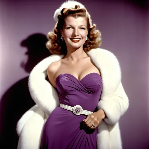 Prompt: Actress Rita Hayworth wearing a violet long dress and white furs, smiling in glamorous style reminding the 1940's
