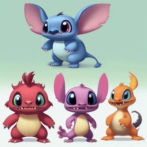 Prompt: fakemons, 4 different little creatures similar in body type to the Disney character Stitch