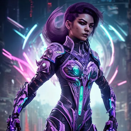 Prompt: Imagine a powerful scene set in a futuristic battlefield. Amidst the chaos and destruction, a fearless woman stands tall, radiating strength and determination. She wears advanced armor that seamlessly combines sleek design with cutting-edge technology. Her armor gleams with a protective sheen, adorned with intricate details and enhanced by glowing energy accents. In her hands, she wields a formidable weapon, a fusion of elegance and deadly precision, emitting a vibrant energy that pulses with power. As she faces a swarm of highly advanced robotic adversaries, she exudes a confident resolve and unwavering resolve. The backdrop reveals a dystopian landscape, where towering skyscrapers crumble and flickering holographic displays add an eerie ambiance to the scene. Despite the overwhelming odds, she stands as a symbol of resilience, defying the technological dominance of her enemies and fighting for a future where bravery and humanity prevail.