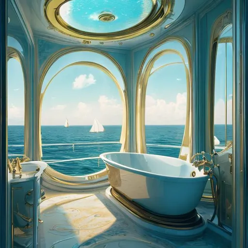 Prompt: a sunken bath tub sitting inside of a bathroom next to a large wide open window, relaxing on a yacht at sea, ffffound, tumblr aesthetic, cartier, stunning grand architecture, disney fantasy style, unique design, juxtapoz aesthetic, circular windows, high in the sky, by Nathaniel Hone, realistic », fantasia photo, kinkade, serene