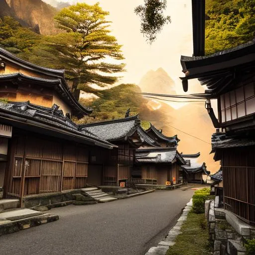 Prompt: old Japanese village in the mountains during a dark and moody night, a knight with hiny golden armor standing in the middle of a street, old Japanese houses at each side of the street, soft red light, Photo Realism, Unreal Engine 5, realistic CGI, SFX, Digitally Enhanced, Super-Resolution, Cinematic lighting, 9:16, 4k, 8k, ultra detailed