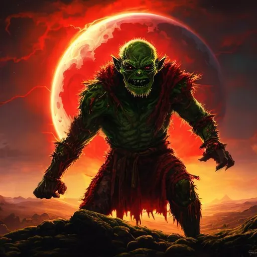 Prompt: legendary green-skinned goblin with red glowing eyes and red tattered robes in foreground, red moon with red lightning background scene, realistic dark fantasy art