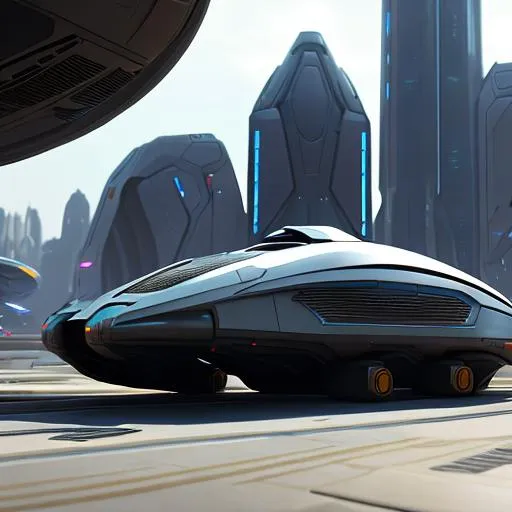 Prompt: hard surface futuristic vehicle concept art, sci fi style art, in futuristic city background, .obj file, high quality render, rendered in Unreal Engine 5 ultrarealistic 