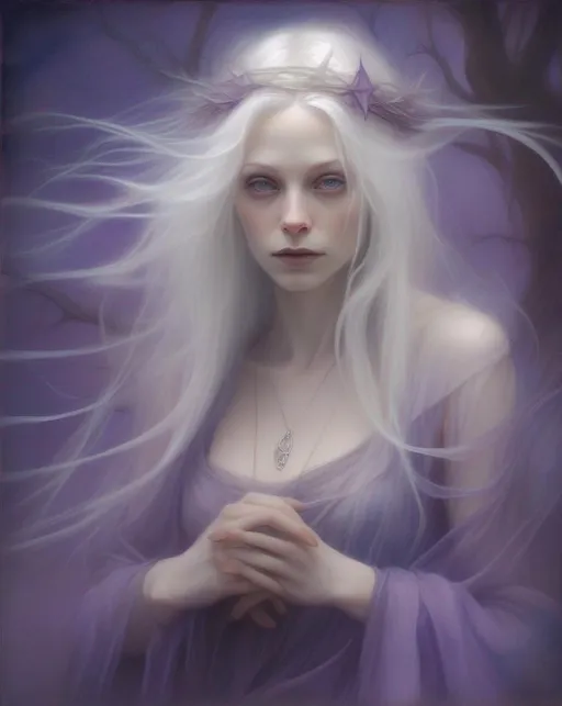 Prompt: An ethereal fantasy portrait of a pale witch with flowing white hair adorned in delicate sheer fabrics that seem to float around her. Soft focus and dreamy lighting create a magical mood. Mystical purple toned landscape background. Painted in the fantasy art style of Brian Froud.