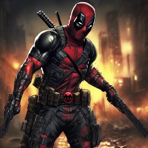 Prompt: Redesigned dark gritty, mostly black military commando-trained villain deadpool. Bloody. Hurt. Damaged mask. Accurate. realistic. evil eyes. Slow exposure. Detailed. Dirty. Dark and gritty. Post-apocalyptic Neo Tokyo with fire and smoke .Futuristic. Shadows. Sinister. Armed. Fanatic. Intense. 