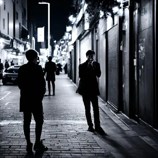 Prompt: Man talk to phone in street black photo
