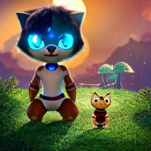 Prompt: Mowgli from Disney but instead of Mowgli make it a cool alien mecha cat that is very cute and super detailed. Make it on the moon and make a spaceship in the background that is round and detailed but also cute. Make a small robot friend in the background too.