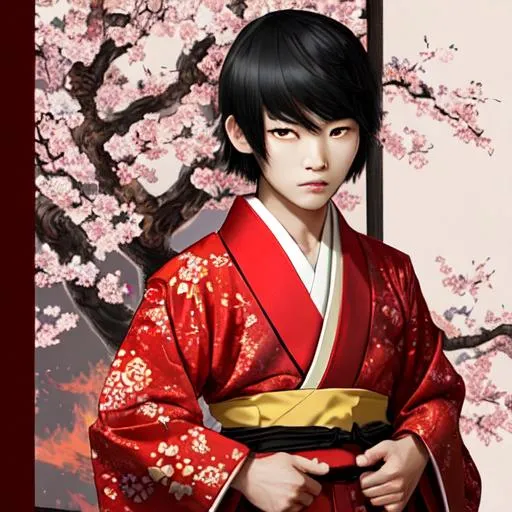 Prompt: A young asian prince with fiery eyes and a commanding commanding look in kimono.