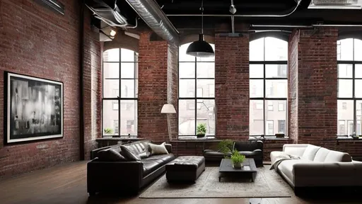 Prompt: Dimly lit New York style, loft, chic, fine art gallery. The gallery has an industrial feel to its look and style, with brick walls that stop waist height, and the remainder of the wall is stark white for hanging fine art. There are exposed pipes along the ceiling, giving it a New York loft feel. The windows are small, lining the top of the wall where it meets the ceiling. There's only 1 fine art piece hanging in the gallery, angled straight at the camera, but off center.