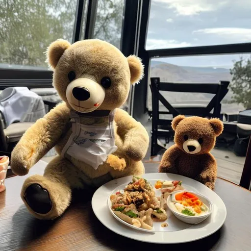 Prompt: a teddy sitting on a chair at a table of food next to a helicopter