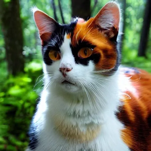 Prompt: A calico cat in a forest 