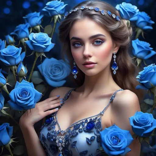 Prompt: woman adorned  with sapphires surrounded by beautiful and unique blue roses, sapphires sparkling in the light, elegant and graceful pose, dreamy ambiance, soft and warm lighting, lush floral background, serene atmosphere, delicate petals glistening, high definition, ultra-detailed, vibrant color tones, wistful and enchanting mood.