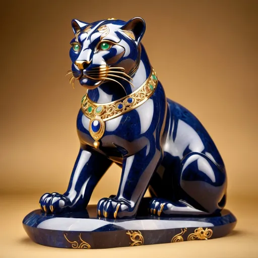 Prompt: Jade Statue of a Majestic Panther, Sapphire Eyes, Gold Inlay