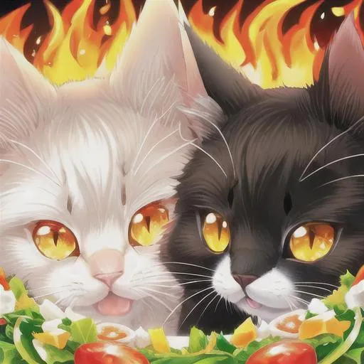 salad cats with fire in eyes OpenArt