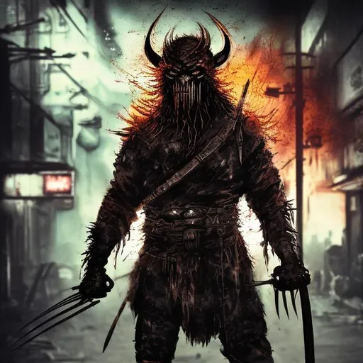 Prompt: Redesigned Gritty black and metal copper (some iodised) dark evil viking-wolverine. Injured. Bloody. Hurt. Damaged mask. Accurate. realistic. evil eyes. Slow exposure. Detailed. Dirty. Dark and gritty. Post-apocalyptic Neo Tokyo with fire and smoke .Futuristic. Shadows. Sinister. Armed. Fanatic. Intense. 