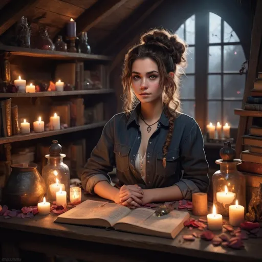 Prompt: An image of a witch with curly brown hair tied in a messy bun, hazel eyes and a sun-kissed complexion. She wears jeans and a flannel shirt, accessorized with handmade wooden jewelry.

An attic filled with flickering candles casting eerie shadows on the walls. Symbols drawn in chalk surround the space, shelves are cluttered with ancient books, crystals, and potion bottles. An altar in the center is adorned with rose petals, herbs, and glittering crystals. The atmosphere is both enchanting and spooky, with a sense of powerful, ancient magic in the air as the witches prepare their conjuration.