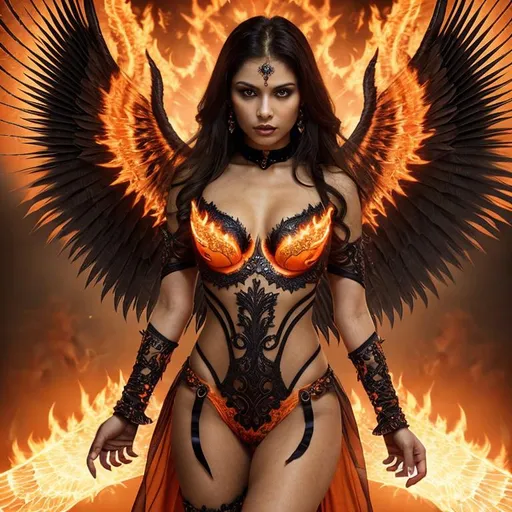 Prompt: A dark angel woman, beautiful dressed in orange and with wings of fire