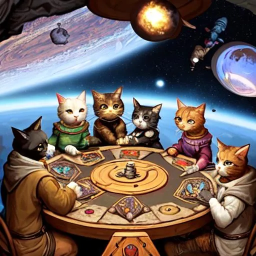 Prompt: Family of cats playing dungeons and dragons on a round table in outer space 