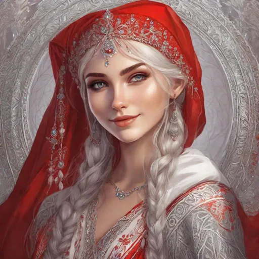 Prompt:  A beautiful Russian elf young woman. She is smiling, dressed in red and silver noble russian dress. Changeling the dreaming art. Rpg art. 2d art. 2d.