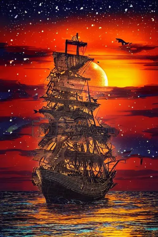 Prompt: An intricate pirate ship sailing into a beautiful sunset and a sky full of stars