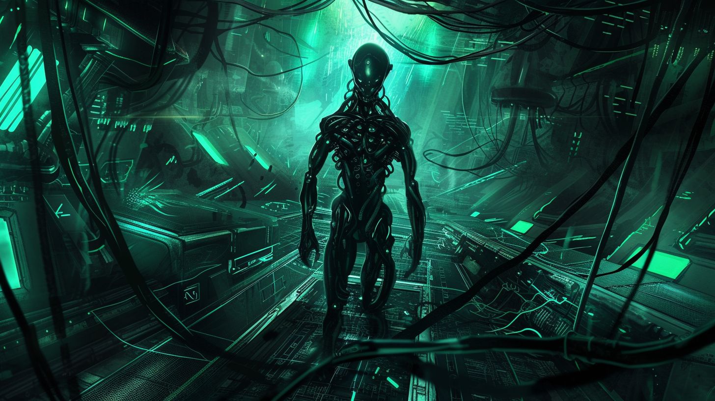 Prompt: Create an image of a futuristic alien with a glossy black exoskeleton, standing in the center of a dimly lit spaceship interior. The alien should have slender, elongated limbs and a head with large, bright teal eyes. The background should be filled with complex alien technology, illuminated by ambient teal and green lights. Cables and intricate machinery should weave around the alien, creating an immersive sci-fi environment. The overall atmosphere should be mysterious and advanced, with a focus on the reflective quality of the alien's skin and the soft lighting effects.