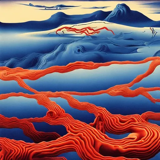 Prompt: a red river in a blue landscape, in the style of Dali