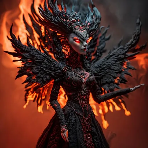 Prompt: needle-felted fire queen, black and red, intricate details, insane details, volumetric lighting