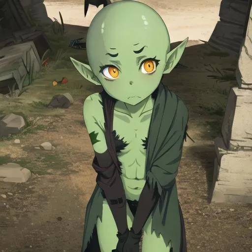 Prompt: goblin girl in tattered cloth, full view, green skin, glowing orange eyes, bald, no hair, sfw, cute, skin patches