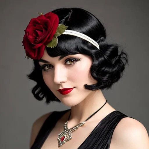 1920s flapper with very black hair and a headpiece m... | OpenArt