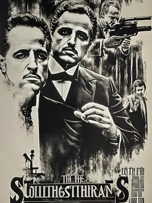 Prompt: Movie poster the godfather, black white, guns 