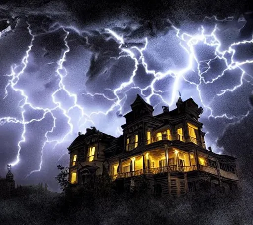 Prompt: A haunted mansion very big dark sky, lightning, scary, creative, realistic, HD