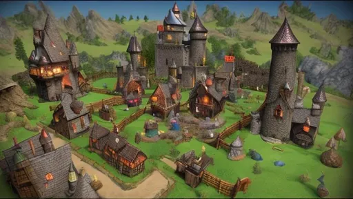 Prompt: fantasy village. include a castle, tavern, guild hall and blacksmith. 